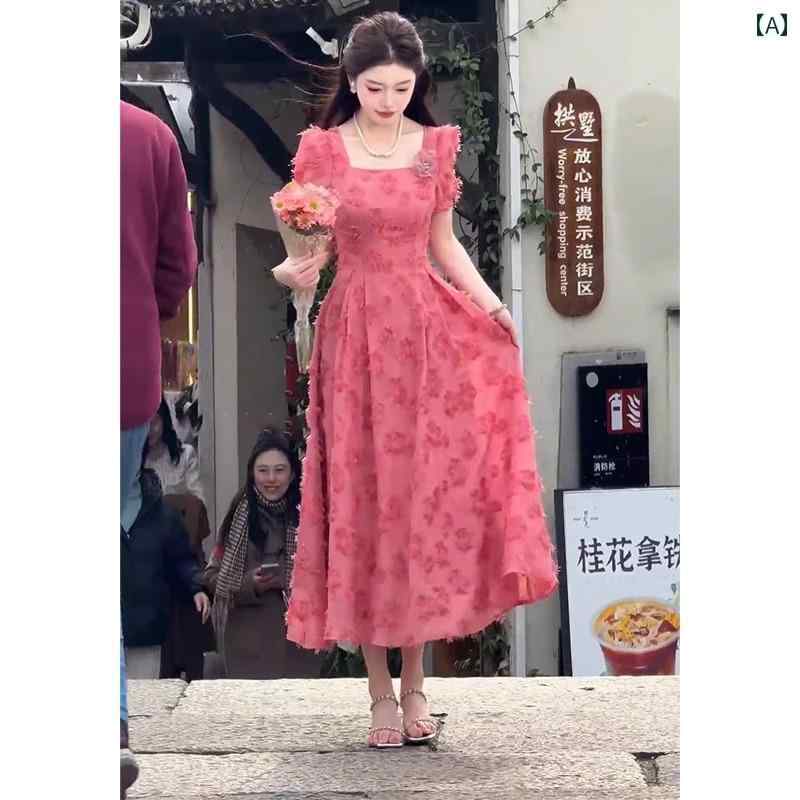 レディース ボリュームスリーブ 無地 マキシワンピース ロング 夏の フランスの 優しい 風の タッセル ドレスの 女性 2025 大きいサイズ 太い mm スリム フェアリー ロング スカート