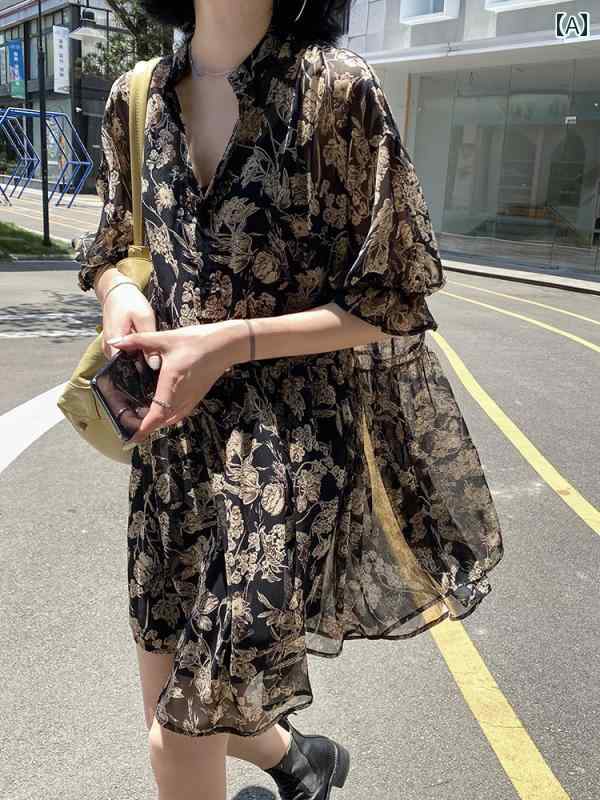 レディース ワンピース かわいい フランスの レトロ 優しい シフォン 花柄 Vネック ドレス 女性用 夏用 ゆったり ウエスト 細身 ウエスタンスタイル スカート