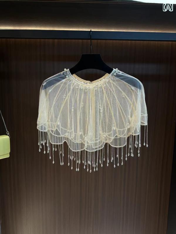 レディース トップス 愛くるしげ 瀬戸もの 御召しもの 雲肩 ビーズ スピード競技 メッシュ 色合い タッセル 遊撃手 膝掛け ケープ ジレー