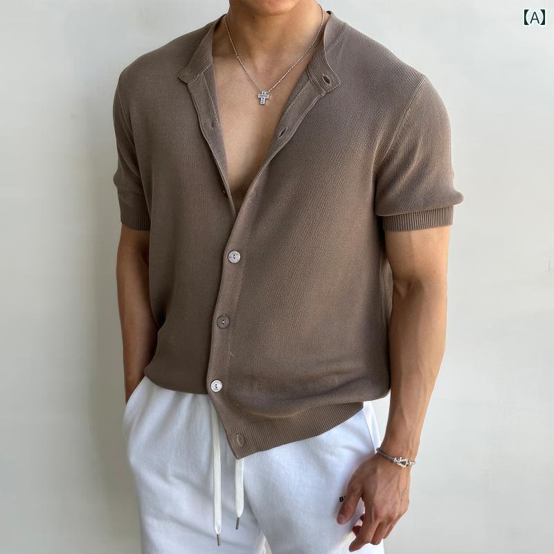 カーディガン サマーニット トップス カジュアル メンズ Tシャツ シャツ 半袖 ラウンドネック 夏 通気性 柔らかい アメリカン レトロ おしゃれ シンプル アウター ファッション 万能 便利