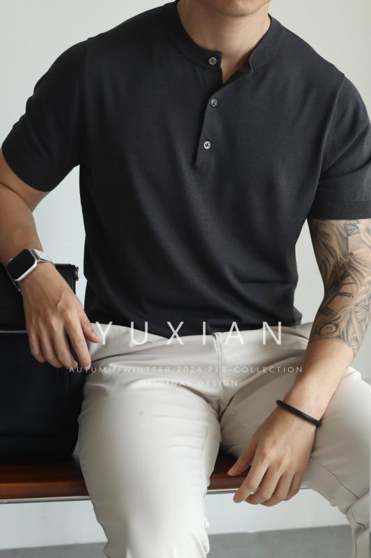 Tシャツ ストレッチ 夏 サマー 涼しい 爽やか カジュアル ファッション オシャレ YUXIAN アメリカ ヘンリー カラー 無地 クール レトロ ニット 冷感|バランスケア 店