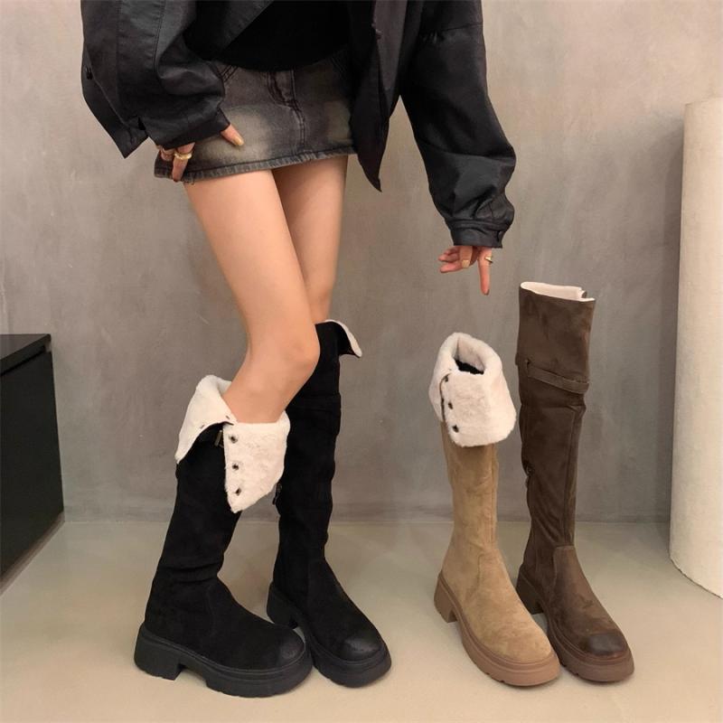 ルームブーツ ロングタイプ レトロ 厚底 ブーツ 女性 秋冬 裏起毛 ハイブーツ ファッション スエード サイドジッパ―