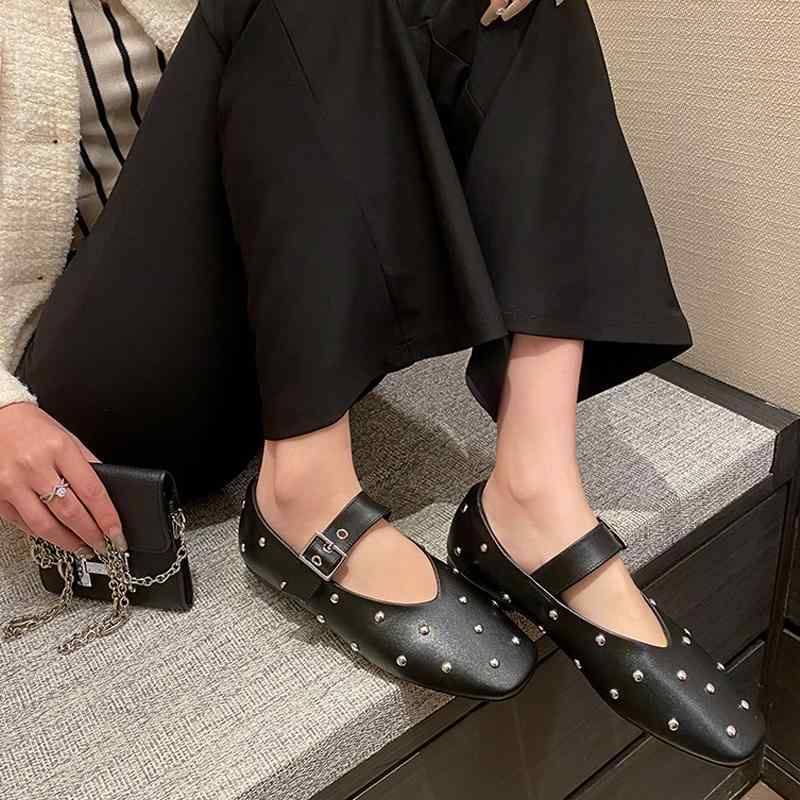 スプライシング  チェーン店飾りつけ バレーシューズ 格子縞 成人女性 レディース 浅口 スタッズ 伝達ルート石ころ スクエアトゥ 革 ホンブルグ帽 メリージェーン シングル 一 同盟罷業一回り 平ったい なめし革