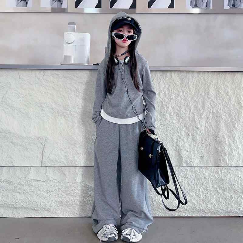 コントラスト バインディング ノッチネックライン ノットフロント ラウンジセット 上下 女の子 子供用 レジャー 長袖 トップス ストレート パンツ ツーピース ブラック グレー 5,025円