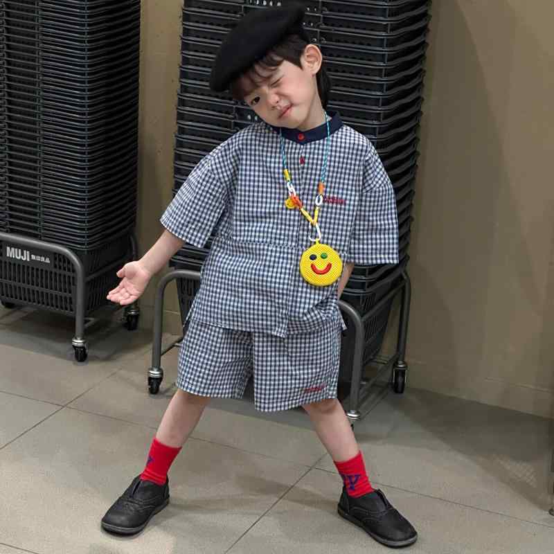 コントラスト バインディング ノッチネックライン ノットフロント ラウンジセット 上下 男の子 夏 スーツ 子供用 イストリート チェック柄 半袖 シャツ カジュアル ショート パンツ