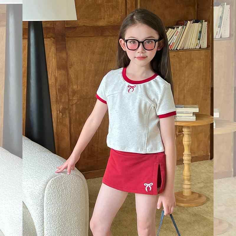 コントラスト バインディング ノッチネックライン ノットフロント ラウンジセット 上下 子供服 女の子 おしゃれ 刺繍 スーツ 夏 ツーピース