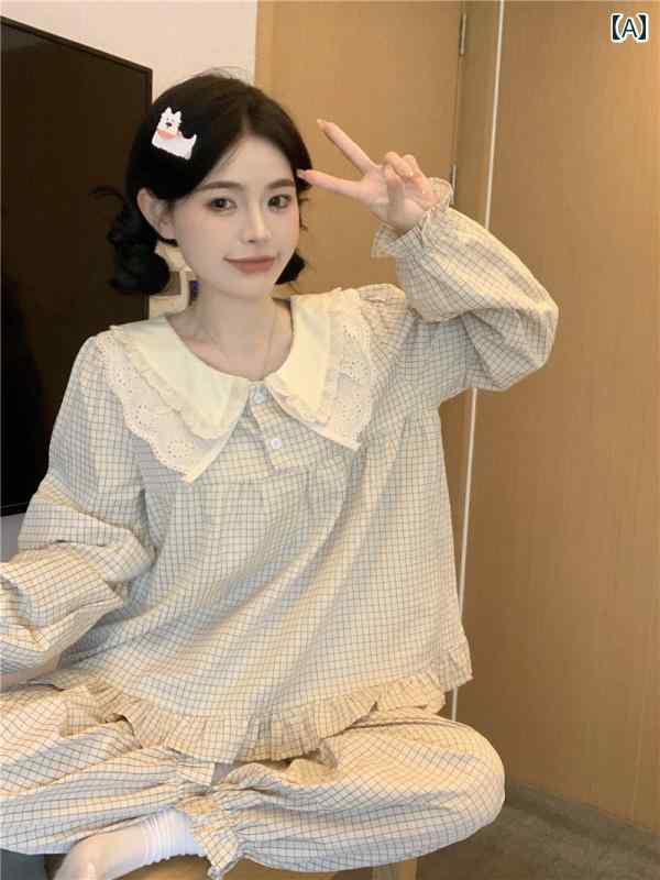 ルームウェア レディース 韓国 カップル パジャマ レディース 長袖 レース ドール チェック 柄 春秋 ホームウェア メンズスーツ ナイトドレス