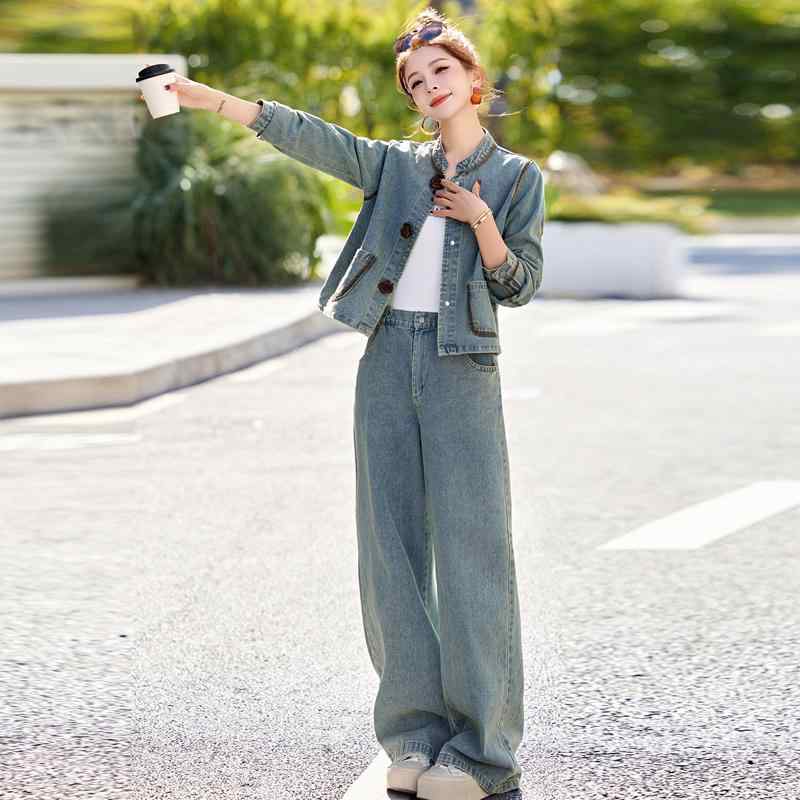 デニム　スタイル　レディース　 チャイナ風 ステッチ デニムファッション スーツ 女性 2025 春 レトロ カジュアル ツーピース