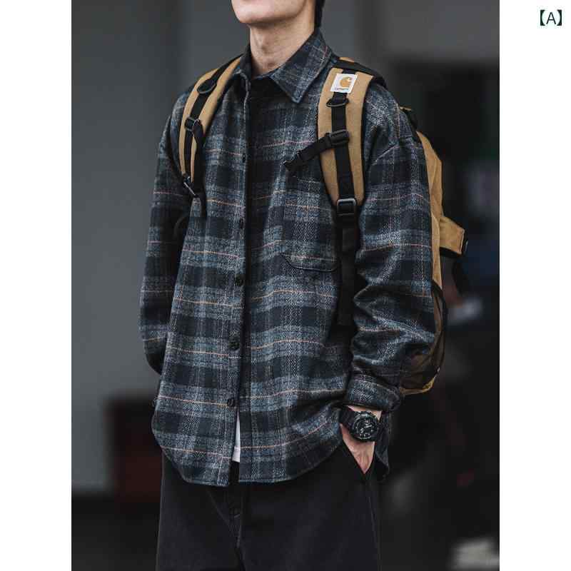 チェック シャツ ブラウス ドロップショルダー 羽織り メンズ ジャケット 長袖 作業服 仕事着 ワークウェア 春秋 ゆったり 厚手 レトロ おしゃれ カジュアル シンプル アウター ファッション 万能 便利｜バランスケア　店