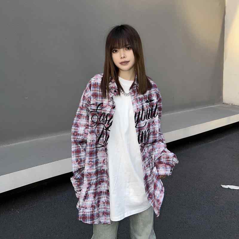 チェックシャツ ユニセックス 男女兼用 カジュアル ギンガム トップス ファッション メンズ レディース 春秋 長袖 アメリカン 刺繍 薄手 オーバー サイズ レッド ブルー