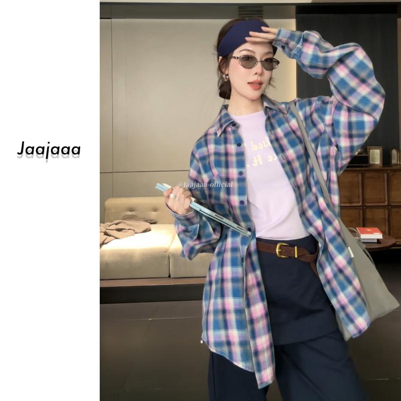 チェックシャツ ユニセックス 男女兼用 カジュアル ギンガム トップス ファッション メンズ レディース 春秋 長袖 Jaajaaa IBAH ピンク ブルー｜バランスケア　店