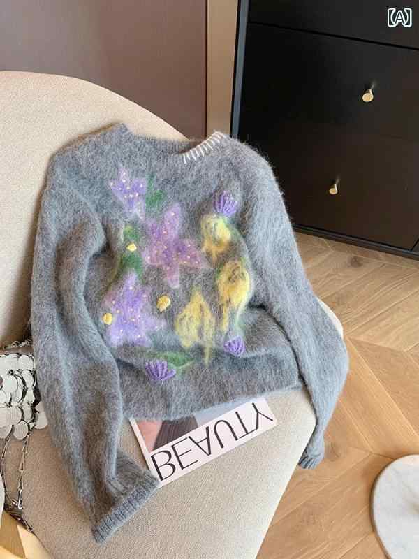 セーター 花柄 刺繍 ファッション トップス ニット 女性 レディース ゆったり スリム 長袖 カジュアル レトロ 韓国 プルオーバー グレー