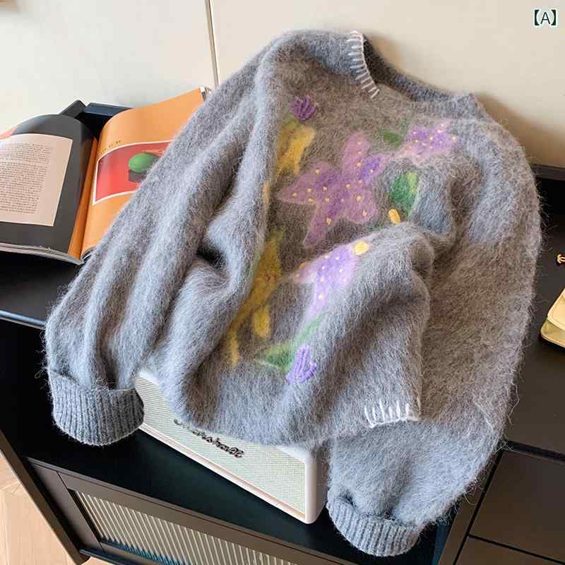 セーター 花柄 刺繍 ファッション トップス ニット 女性 レディース ゆったり スリム 長袖 カジュアル レトロ 韓国 |バランスケア 店
