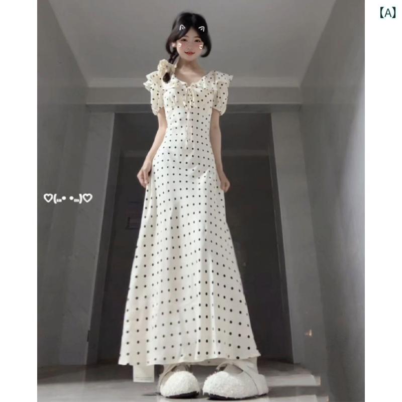 レディース ファッション ワンピース ティアード リボン 夏の 美しい 小さい スカートの な 高級 フレンチ パフスリーブ ドットの ドレス ウエスト ロング スカート 女性用