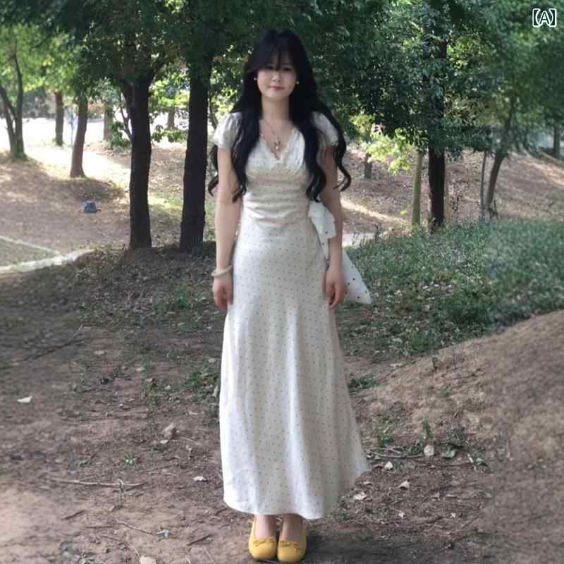 レディース ファッション ワンピース ティアード リボン 夏の 女性用 ホワイト レース Vネック ドット 半袖 ドレス ウエストと ウエストの 長い スカートが 付いた フレンチ パフスリーブ