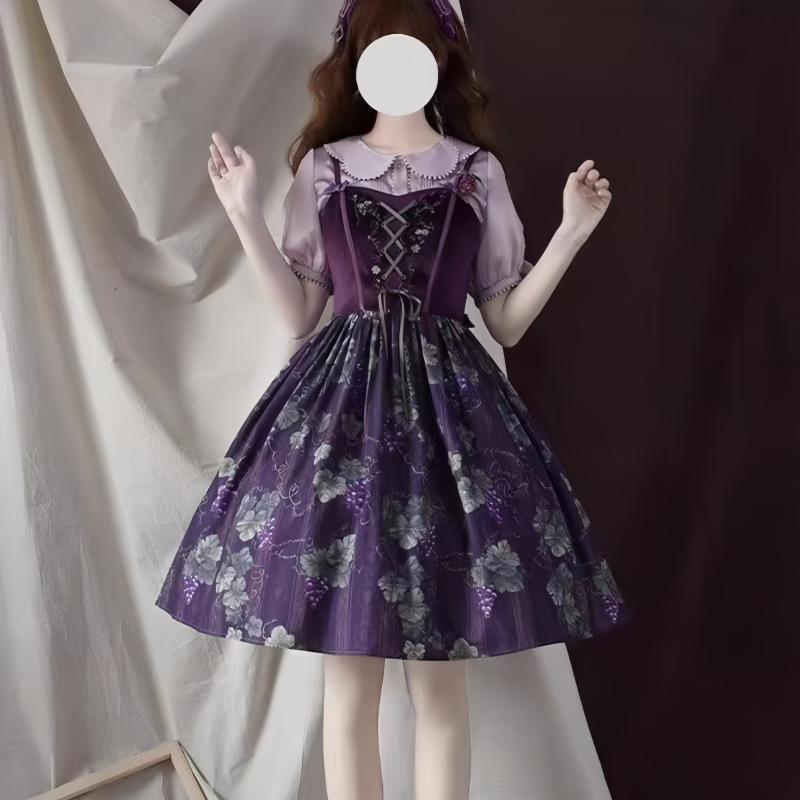 ワンピース 病みかわいい プリンセスドレス ロリータ服 リボン コスチューム コスプレ衣装 ロリータ　ドレス　コスプレ ロワールの ブドウ 園 ストラップ JSK ロリータ サスペンダー スカート ロング OP フル プリント ドレス