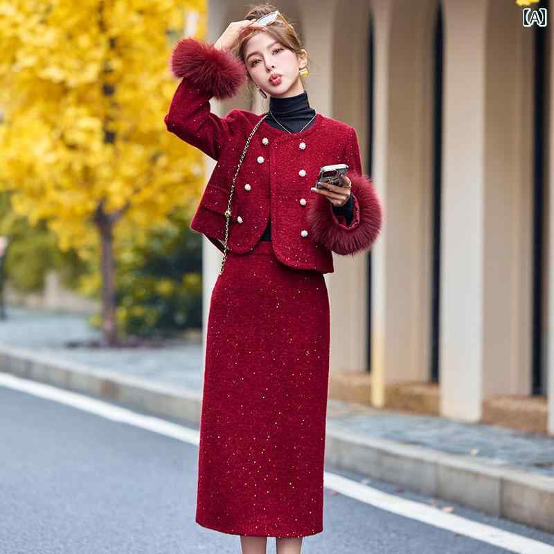 ドレススーツ レディース 女性用 ロイヤル 西洋 洋服 ウェア パーティー おしゃれ 綺麗 フォーマル 礼服 結婚式 ジャケット スカート マダム 赤 黒
