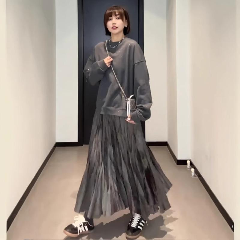 箔プリーツスカート マキシスカート ロングスカート ドレープスカート ハイウエスト レディース Aライン ファッション おしゃれ グレー ブラック