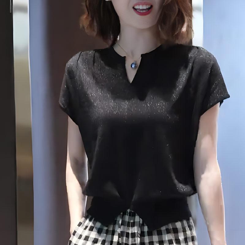 大きいサイズ レディース Tシャツ カットソー トップス Vネック 半袖 キラキラ ラメ 星柄 着痩せ 細見え 体型カバー おしゃれ 上品 きれいめ ブラック 黒｜バランスケア　店