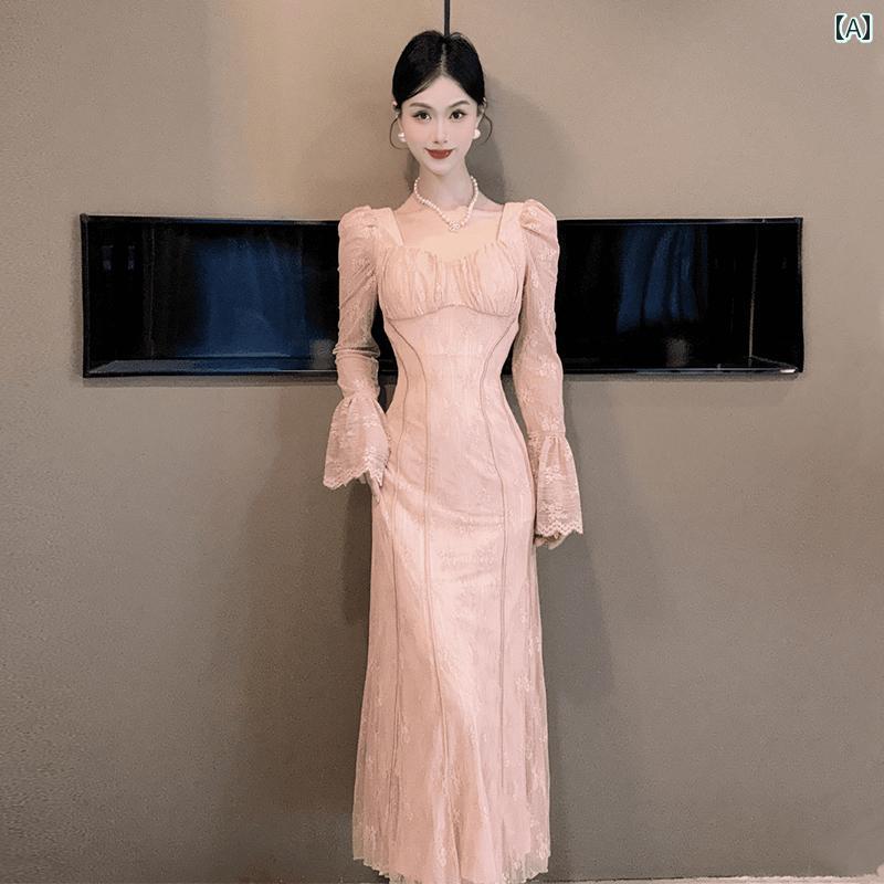 無地 ワンピース きれいめ ステーション 秋 ドレス 女性 ロング スカート パーティー デート ベルスリーブ スクエアネック イブニングドレス ｜バランスケア　店