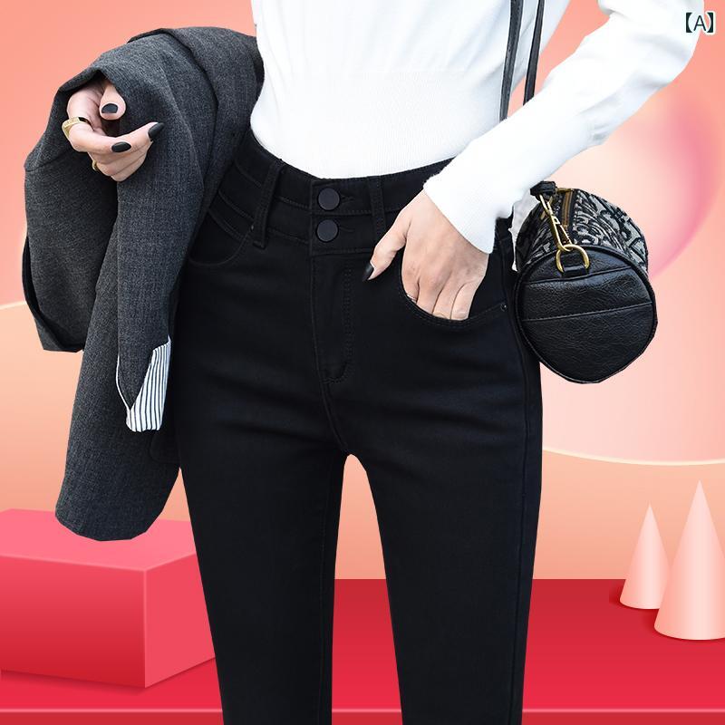 レディース パンツ カジュアル おしゃれ ファッション デニム ジーンズ アウター 春秋 ハイウエスト 細い スリム タイト ９分丈 ベルベット 伸縮性 高弾性 ストレッチ素材