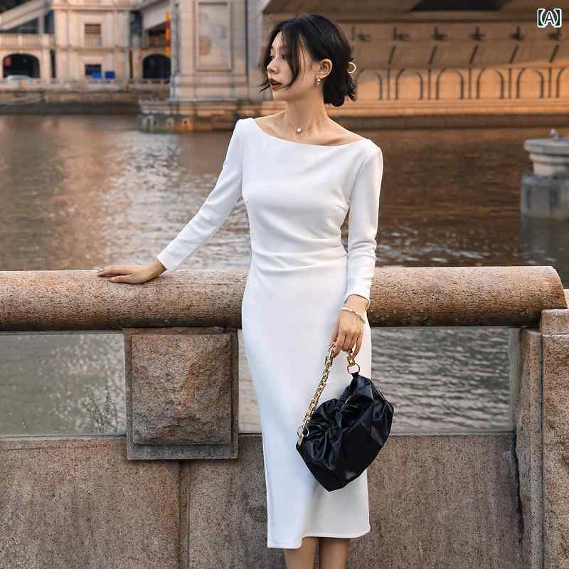 無地 ワンピース きれいめ 白 女性 フレンチ ドレス フォーマル ハイウエスト パフスリーブ ミモレ丈スカート プリーツ 黒 ボルドー ブルー