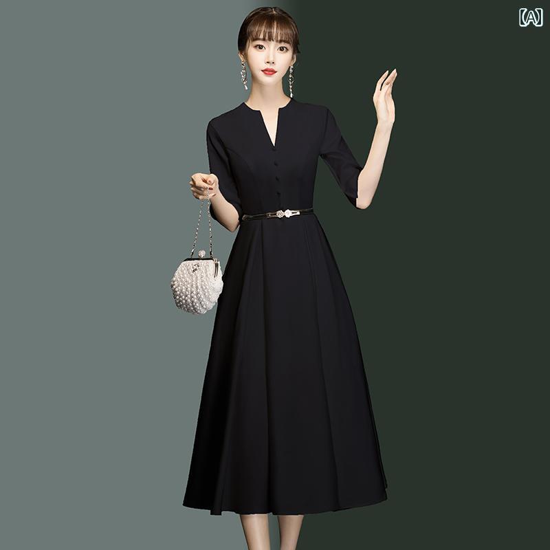 無地 ワンピース きれいめ イブニング ドレス フレンチ Aラインスカート ミモレ丈 デート パーティー ミドル 黒 白|バランスケア 店
