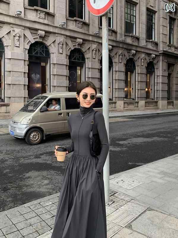 無地 衣装 好いたらしいめ ハイネック 御召しもの 秋冬 肌付き ロング スコート 裾拡がり A伝達ルート 黒いこと 薄墨色