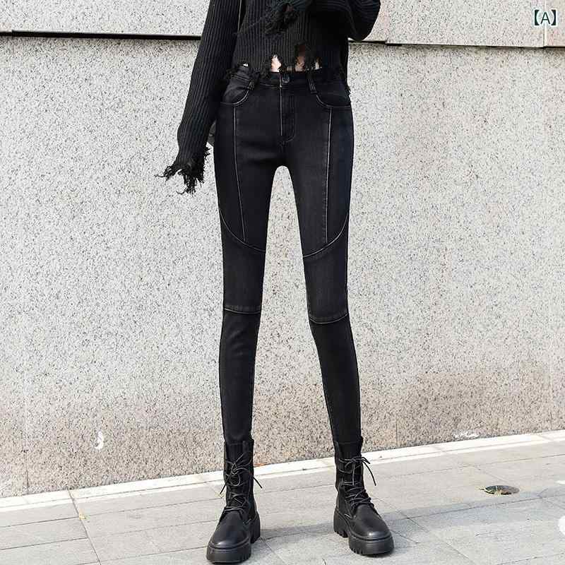 レディース ペンシル パンツ カジュアル おしゃれ ファッション デニム ジーンズ 秋冬 細い スリムフィット タイト ９分丈 ベルベット スプライジング ブラック