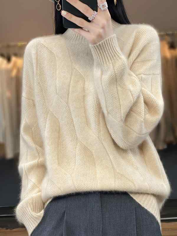 秋冬 女性用 厚手 ハーフハイネック ケーブルニット セーター ウール カシミア 混 単色 インナー 暖か 上品 スリム シルエット 伸縮性 高級感