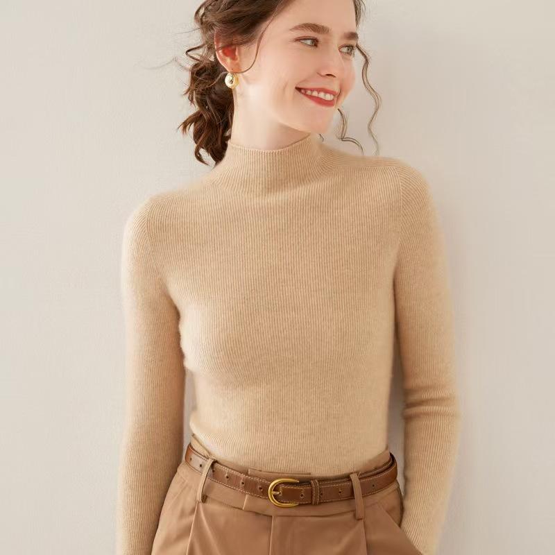 秋冬 レディース ハーフハイネック 羊毛混 カシミヤ セーター スリムフィット ニット インナー レイヤード トップス シームレス 暖か素材 高級感 柔らかタッチ