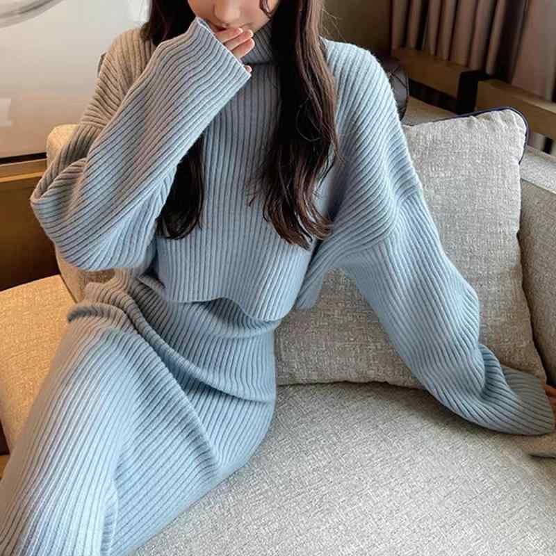 秋冬 レディース ハイネック ニットセーター ゆったり リラックス スタイル スリム フィット 厚手 2点セット プルオーバー トップス スカート セット 暖か 伸縮性 ニット素材