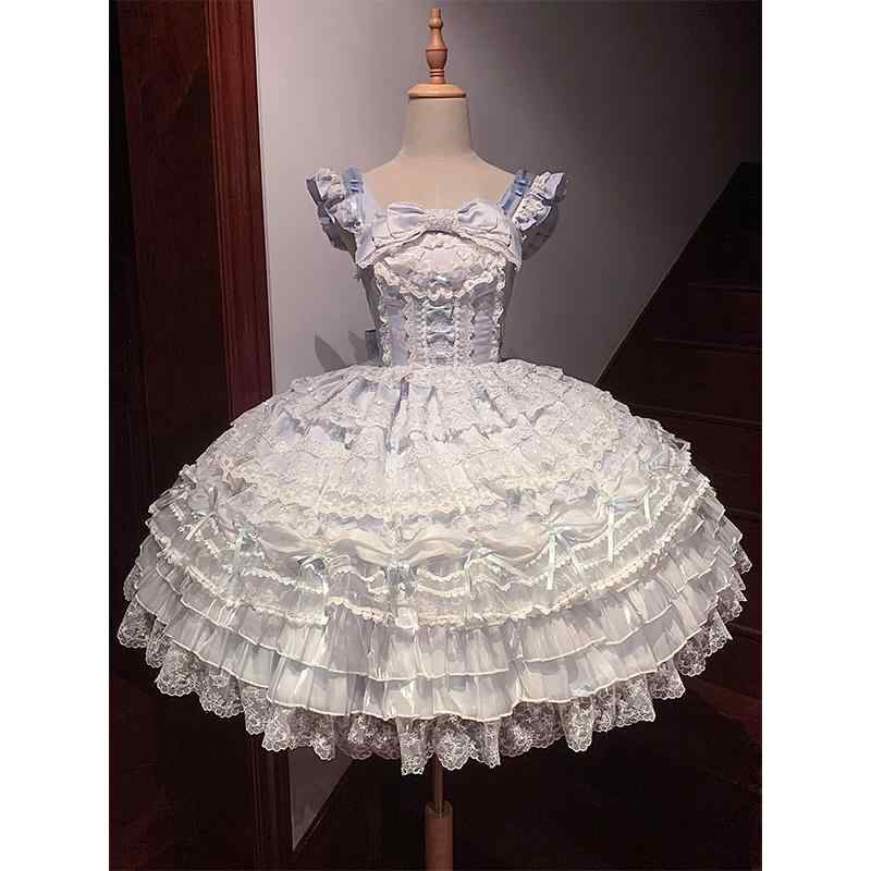 ワンピース 病みかわいい プリンセスドレス ロリータ服 リボン コスチューム コスプレ衣装 ロリータ ドレス コスプレ ブルー ラブ ソング ロリータ フラワー マリッジ JSK スカート バースデー ドレス サスペンダー プリンセス スカートロリータ