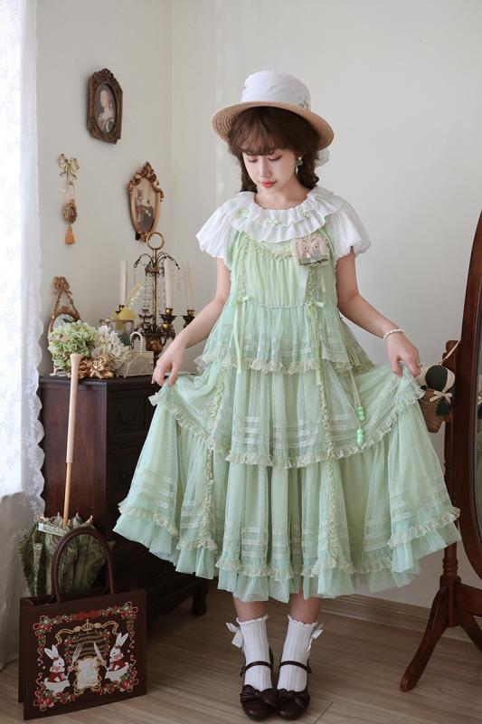 ワンピース 病みかわいい プリンセスドレス ロリータ服 リボン コスチューム コスプレ衣装 ロリータ　ドレス　コスプレ スポット フォレスト シークレット ブラック グリーン ピンク 夏 多層 ガーゼ スカート ロリータゴージャス