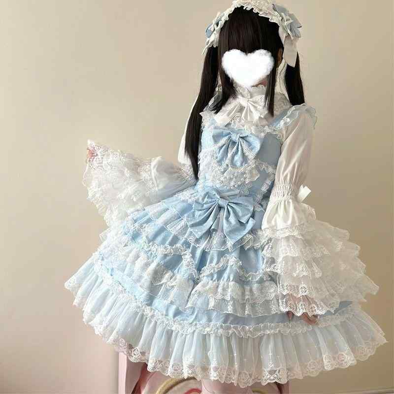 ワンピース 病みかわいい プリンセスドレス ロリータ服 リボン コスチューム コスプレ衣装 ロリータ　ドレス　コスプレ 【 恋と ときめき】 韓国 女の子 ロリータ ドレス ゴージャスな ウェディング jsk サスペンダー ブルー