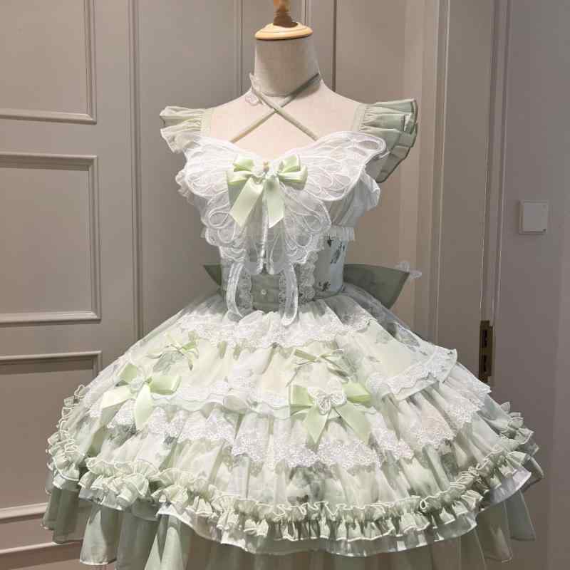 ワンピース 病みかわいい プリンセスドレス ロリータ服 リボン コスチューム コスプレ衣装 ロリータ　ドレス　コスプレ 開花 日 白 緑の 蝶 夏の 気分 小さい さわやか 王女の 女の子 誕生日 短い スカート 飛行 日記 ロリータ｜バランスケア　店