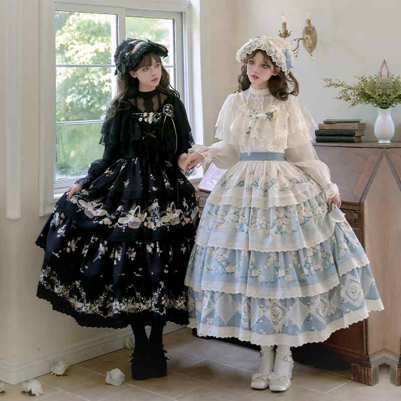 ワンピース 病みかわいい プリンセスドレス ロリータ服 リボン コスチューム コスプレ衣装 ロリータ　ドレス　コスプレ 手紙と 詩 朝夕 花 摘み｜ WP サブ cla パストラル プリント 刺繍 4 段 JSK ツイン