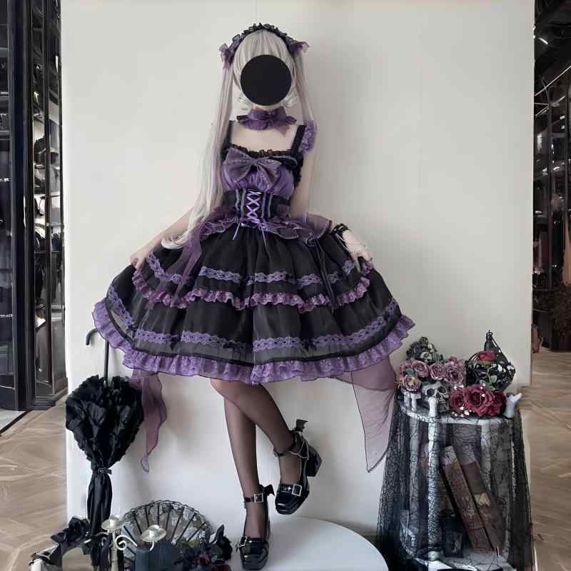 可愛らしい 姫様 化けの皮 仮面舞踏会 ロリータ服 ふんわり 衣装 ロリータ 御召しもの コスプレ 愛くるしげ プレビュー ロリータ ロリータスコート 夏時 黒いこと パープル サクラ色 JSK ガーゼ スコート 御姫様