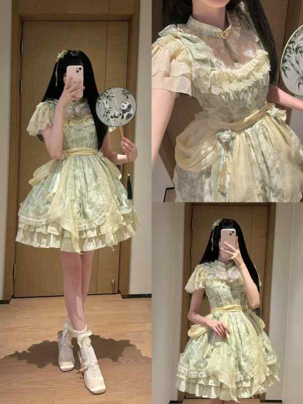 ロリータ ドレス コスプレ かわいい チャイナ風 ロリータスカート小 ピーマン OP ロリータドレス 民族 風 lo スカート センス 夏|バランスケア 店