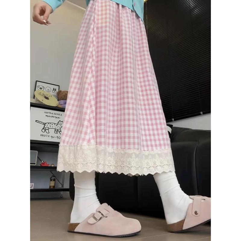チェックスカート カジュアル マキシスカート 体型カバー 大人かわいい チェック柄　かわいいスカート レディース チェック 柄 スカート レディース 春秋 2025 ハイウエスト ミディアム ロング スタイル 小さい レースエッジ スプライシング aライン アンブレラ