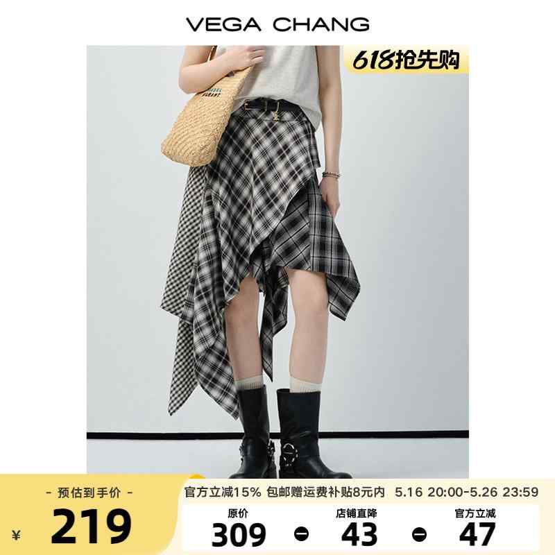 ボトムス 体型カバー 大人カジュアル かわいい きれいめ おしゃれ チェック柄　かわいいスカート レディース VEGA CHANG スカート レディース 2025 夏 通勤 万能 不規則な 縫い 合わせ チェック 柄 荒野 風 ロング