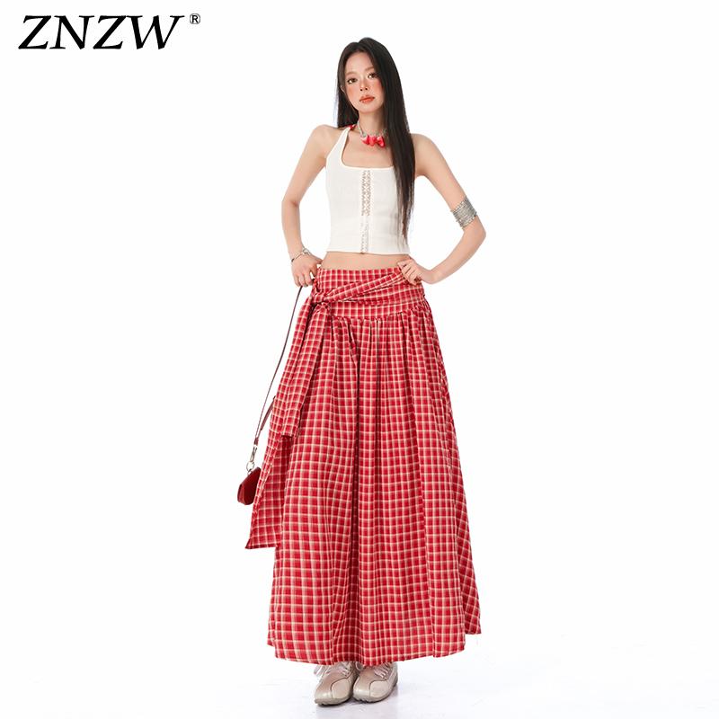 チェックスカート カジュアル マキシスカート 体型カバー 大人かわいい チェック柄　かわいいスカート レディース ZNZW レッド チェック 柄 スカート レディース 2025 ストラップ aライン アンブレラ スイング ミディアム 丈 プリーツスカート 夏｜バランスケア　店