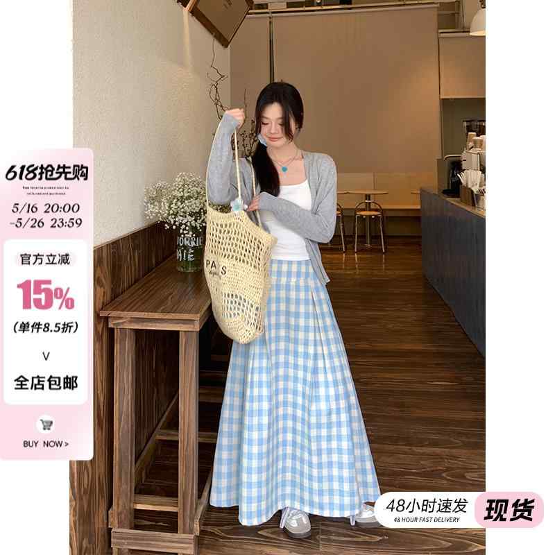 チェックスカート カジュアル マキシスカート 体型カバー 大人かわいい チェック柄　かわいいスカート レディース 宋真 根 ブルー チェック スカート レディース 夏 aライン プリーツ ハイエンド ユニーク スモール フレッシュ ロング｜バランスケア　店