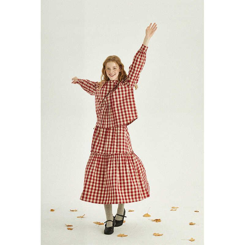 チェックスカート カジュアル マキシスカート 体型カバー 大人かわいい チェック柄 かわいいスカート レディース TERZA RIMA 24 AW フレンチ アート レトロ レッド高 密度 コットン 糸 染め チェック 柄 スカート ティアードスカート レディース|バランスケア 店