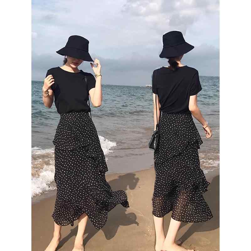 Aラインスカート ボトムス カジュアル シンプル ゆったり 薄手 ゆったり きれいめ カジュアル 着痩せ スカート　水玉　レディース ブラックドット 柄 スカート レディース 2025夏 ハイウエスト 薄手 シフォン aライン ミディアム 丈 ティアードスカート