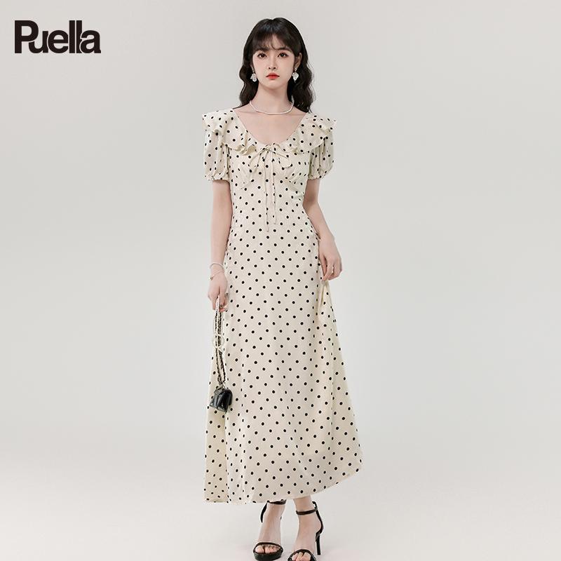 スカート　水玉　レディース La Chapelle Puella フレンチ ロータスリーフ カラー リボン ドット サテンフラワー 柄 レディース ロング＆ ショート ドレス｜バランスケア　店