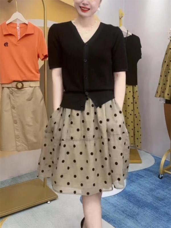 スカート　水玉　レディース オー ガンザの ドットの スカート 女性用 2024夏 ハイウエスト ショート スリム aライン 小さめ ミディ 細身 スタイル