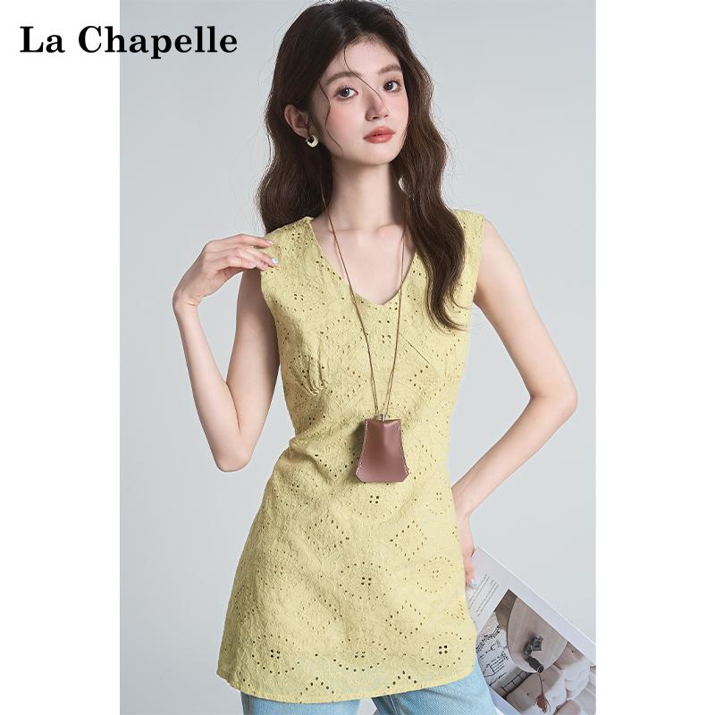 トップス 女性用 シンプル 無地 大人カワイイ Vネック　キャミソール　タンクトップ La Chapelle スモール フレッシュ Vネック ノースリーブ ベスト シャツ レディース 夏 ミディアム 丈 スリム ウエスト イエロー カット ス