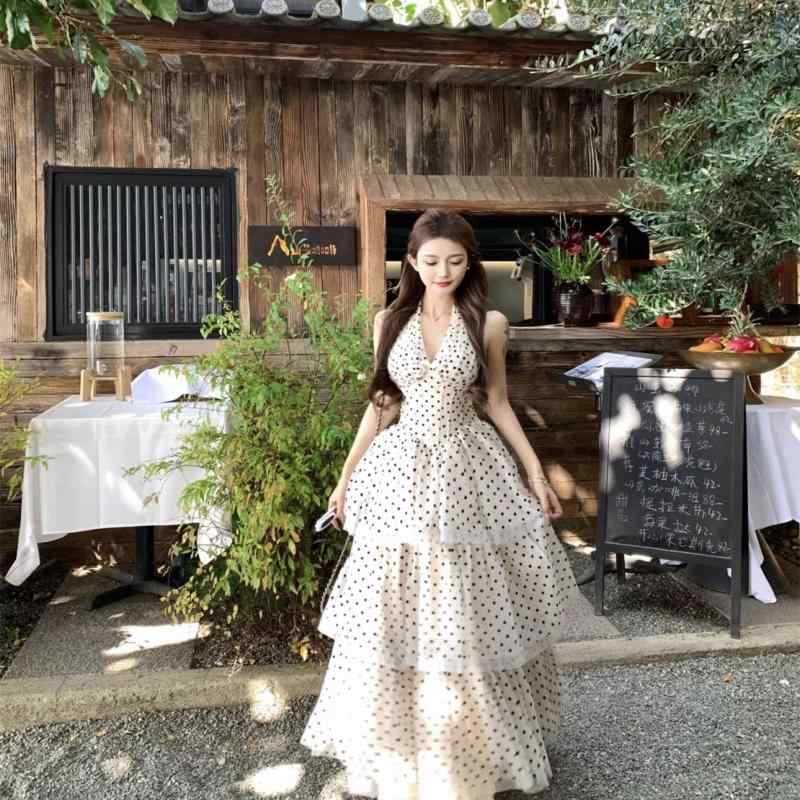 レディース おしゃれ スカート かわいい きれいめ ロングスカート ドレス レディース スパイシーな フレンチ レトロ ドット ケーキ ドレス 女性用 スーパー フェアリー スリム ウエスト サスペンダー ロング スカート