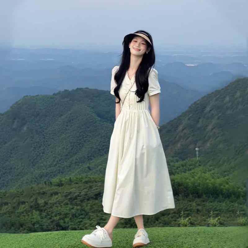 レディース ワンピース Vネック 短袖 夏 ロングドレス 甘美 清純 初恋 デザイン ウエストシェイプ Aライン フレアスカート 軽量 吸湿速乾 ピュアスタイル